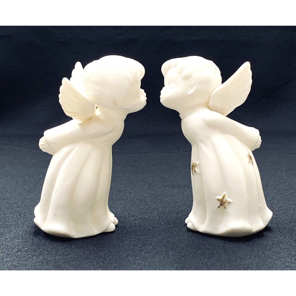 Vintage 50s Kissing Angels Figurine (2) Pair 3” White Bisque Gold Star Japan MCM